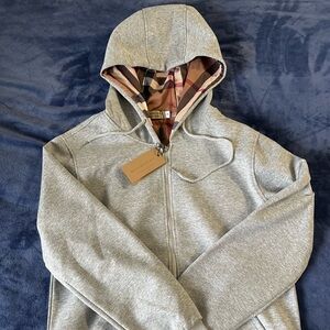 Grey Burberry Zip Up Hoodie with Plaid Detail